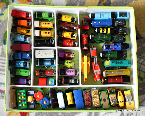 Organizing Wooden Trains and Track: how we store our trains on the rare occasions when we're not playing with them @ Play Trains!