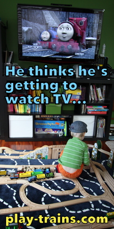 ...but is he actually watching it?  How we limit screen time by transforming it into play, plus ideas for playing out the latest Thomas & Friends movie.  Playing Along with Blue Mountain Mystery @ Play Trains!