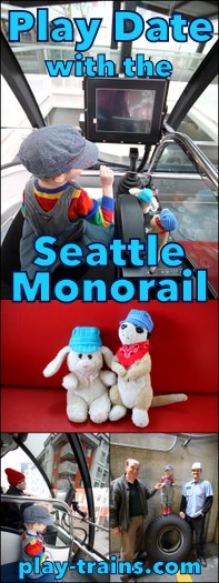 Play Date at the Seattle Monorail @ Play Trains!  Follow the very excited Little Engineer as he meets Monorail Bunny, "drives" the Red Train, "helps" change a monorail tire, and more!