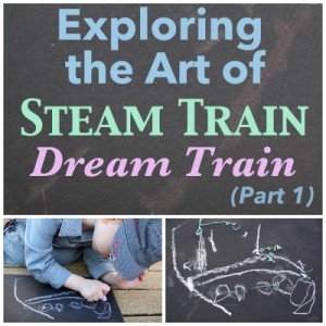 Exploring the Art of Steam Train, Dream Train (Part 1) @ Play Trains!  Drawing a steam engine with chalk to learn about the illustrations in the the author and the illustrator of Goodnight, Goodnight, Construction Site's new book.