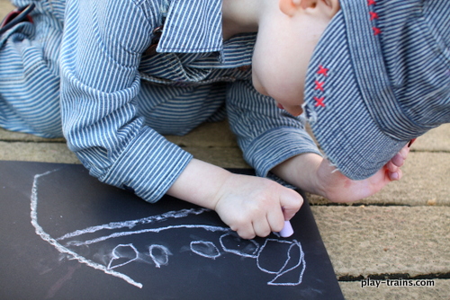 Exploring the Art of Steam Train, Dream Train (Part 1) @ Play Trains!  Drawing a steam engine with chalk to learn about the illustrations in the new book by the author and the illustrator of Goodnight, Goodnight, Construction Site.