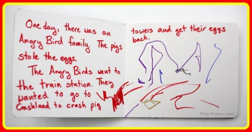 DIY Board Book: a Kid's Favorite Things Mash-up @ Play Trains!  A mom and son make a board book together that combines his two favorite things: trains and Angry Birds.
