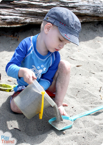 Sand Tracks: Learning with Trains at the Beach @ Play Trains! This activity combines art, science, and sensory play, demonstrating one of the technical pages between chapters in the first book of the Peter's Railway series.  These books are perfect for train-loving children of any age!