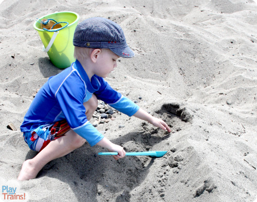 Sand Tracks: Learning with Trains at the Beach @ Play Trains! This activity combines art, science, and sensory play, demonstrating one of the technical pages between chapters in the first book of the Peter's Railway series.  These books are perfect for train-loving children of any age!