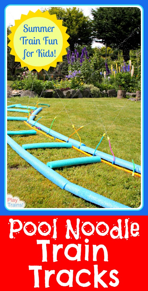 Pool Noodle Train Tracks: Summer Train Fun for Kids @ Play Trains!  Kids can build these train tracks, then add a sprinkler to cool off in an "engine wash."