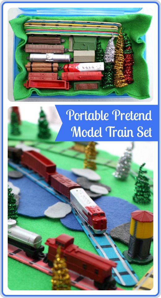 Portable Small World: Pretend Model Train Set @ Play Trains! Come see how big the Little Engineer grinned the first time he put together this DIY train set you can take along to play anywhere!
