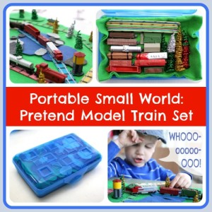 Portable Small World: Pretend Model Train Set @ Play Trains! Come see how big the Little Engineer grinned the first time he put together this DIY train set you can take along to play anywhere!