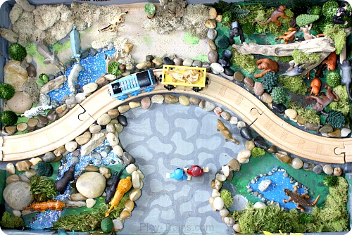 DIY Zoo Set for Wooden Trains @ Play Trains! Our train twist on the Jungle Diorama from Jo-ann's Cape Discovery summer crafting challenge. #summerofjoann