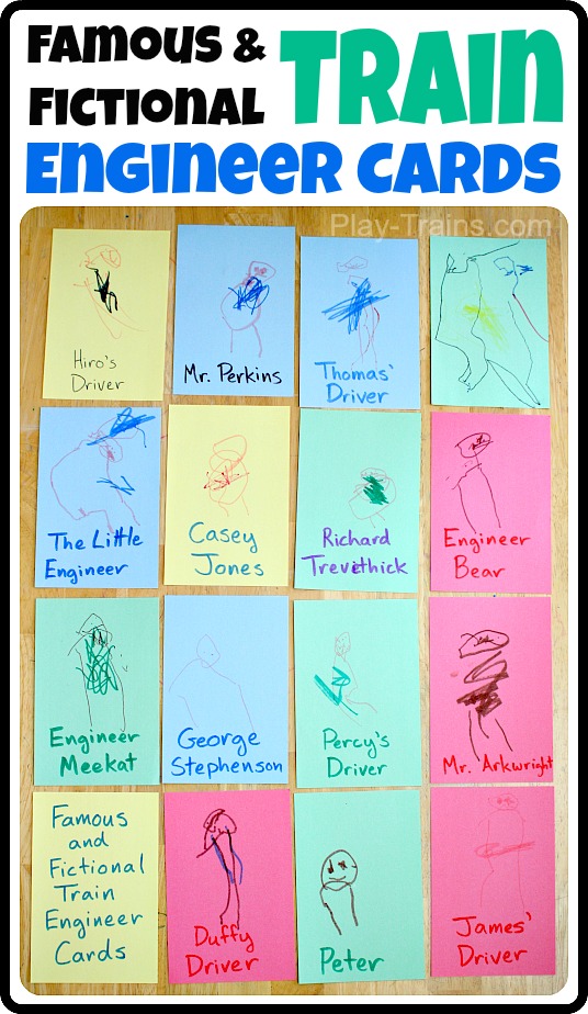 Famous and Fictional Train Engineer Cards @ Play Trains! Creating these “trading cards” based on historical and fictional railroad engineers provides opportunities for figure drawing, writing practice, and the exploration of knowledge gained from books through open-ended pretend play.