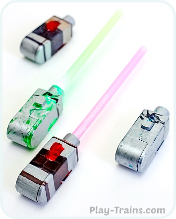 DIY Mini Lightsabers @ Play Trains! http://play-trains.com/diy-mini-lightsabers-kids-craft/  A quick and easy kids' craft, these lightsabers are perfect for Star Wars birthday parties, stuffed animal movie reenactments, or simply waving around and making VWOOOM, VWOOOM sounds.