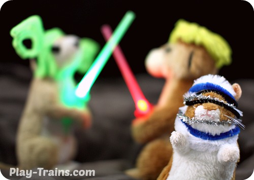 DIY Mini Lightsabers @ Play Trains! http://play-trains.com/diy-mini-lightsabers-kids-craft/  A quick and easy kids' craft, these lightsabers are perfect for Star Wars birthday parties, stuffed animal movie reenactments, or simply waving around and making VWOOOM, VWOOOM sounds.