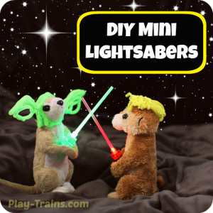 DIY Mini Lightsabers @ Play Trains! http://play-trains.com/diy-mini-lightsabers-kids-craft/ A quick and easy kids' craft, these lightsabers are perfect for Star Wars birthday parties, stuffed animal movie reenactments, or simply waving around and making VWOOOM, VWOOOM sounds.