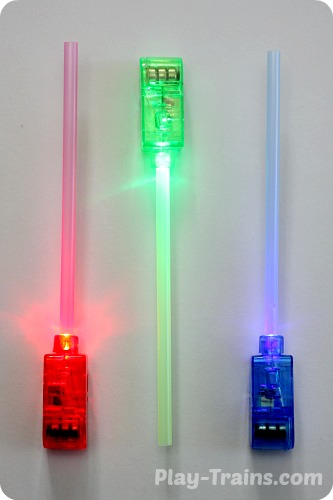 DIY Mini Lightsabers @ Play Trains! http://play-trains.com/diy-mini-lightsabers-kids-craft/  A quick and easy kids' craft, these lightsabers are perfect for Star Wars birthday parties, stuffed animal movie reenactments, or simply waving around and making VWOOOM, VWOOOM sounds.