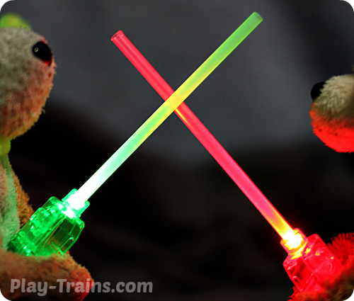 DIY Mini Lightsabers @ Play Trains! http://play-trains.com/diy-mini-lightsabers-kids-craft/  A quick and easy kids' craft, these lightsabers are perfect for Star Wars birthday parties, stuffed animal movie reenactments, or simply waving around and making VWOOOM, VWOOOM sounds.