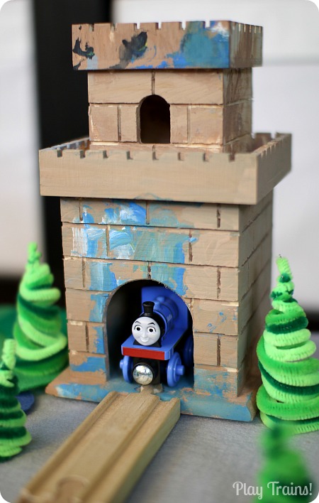 DIY Castle for Wooden Trains @ Play Trains! http://play-trains.com An inexpensive craft perfect for playing out the new Thomas & Friends movie, King of the Railway!