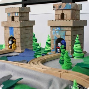 DIY Castle for Wooden Trains @ Play Trains! http://play-trains.com An inexpensive craft perfect for playing out the new Thomas & Friends movie, King of the Railway!