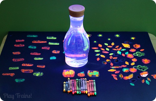 Fall Invitations to Play: Glowing Fall Discovery Bottle @ Play Trains! http://play-trains.com/