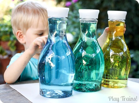 Floating Word Discovery Bottles @ Play Trains! http://play-trains.com/ Create a beautiful, relaxing bottle of swirling and floating words to inspire curiosity in young children and creativity in older kids to adults.