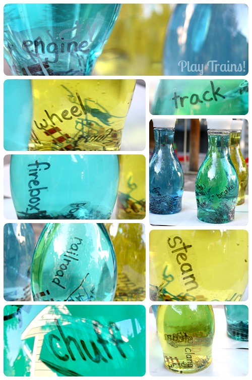 Floating Word Discovery Bottles @ Play Trains! http://play-trains.com/ Create a beautiful, relaxing bottle of swirling and floating words to inspire curiosity in young children and creativity in older kids to adults.