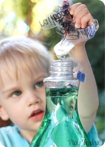 Floating Word Discovery Bottles @ Play Trains! http://play-trains.com/ Create a beautiful, relaxing bottle of swirling and floating words to inspire curiosity in young children and creativity in older kids to adults.