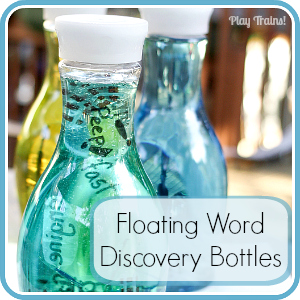 Floating Word Discovery Bottles @ Play Trains! http://play-trains.com/ Create a beautiful, relaxing bottle of swirling and floating words to inspire curiosity in young children and creativity in older kids to adults.