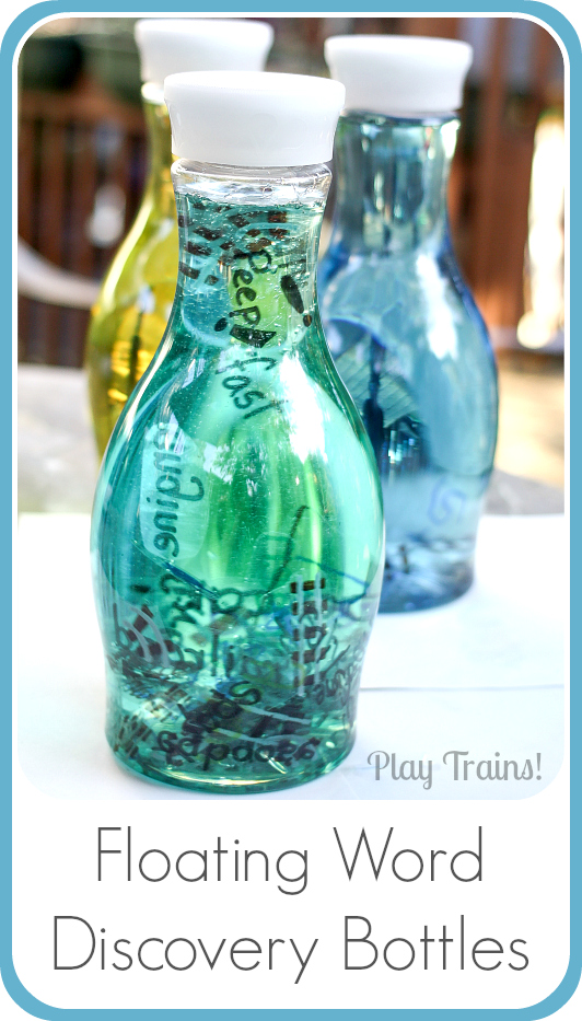 Floating Word Discovery Bottles @ Play Trains! http://play-trains.com/ Create a beautiful, relaxing bottle of swirling and floating words to inspire curiosity in young children and creativity in older kids to adults.