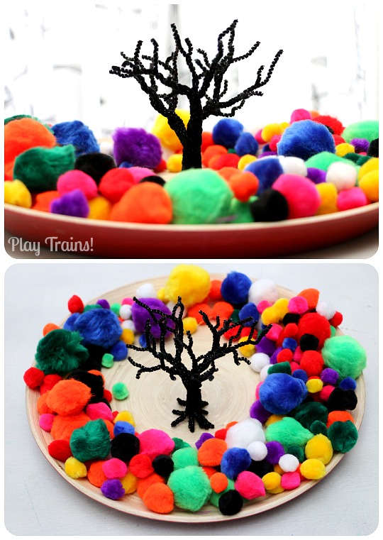 Halloween Carnival Pom Pom Tree Play from Play Trains! Includes both a simple invitation to play and a train play activity.