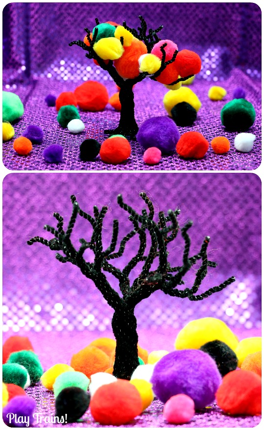 Halloween Carnival Pom Pom Tree Play from Play Trains! Includes both a simple invitation to play and a train play activity.