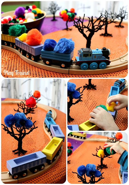 Halloween Carnival Pom Pom Tree Play from Play Trains! Includes both a simple invitation to play and a train play activity.