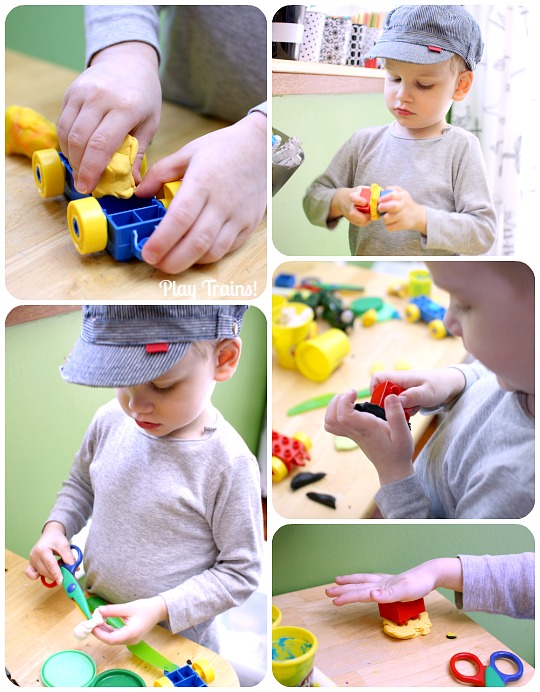 Play Dough Train Set from Play Trains! put together a train-making set for kids with play dough and Duplo bricks.