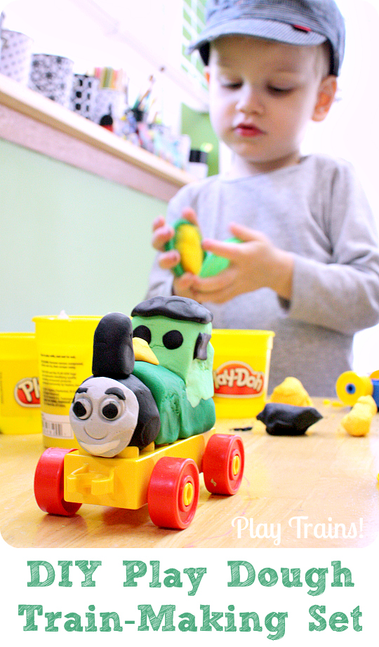 Play Dough Train Set from Play Trains! put together a train-making set for kids with play dough and Duplo bricks.
