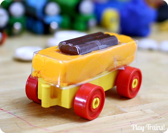 Recycled Play Dough Molds from Play Trains! A great way to reuse toy packaging after Christmas or birthday presents are unwrapped.