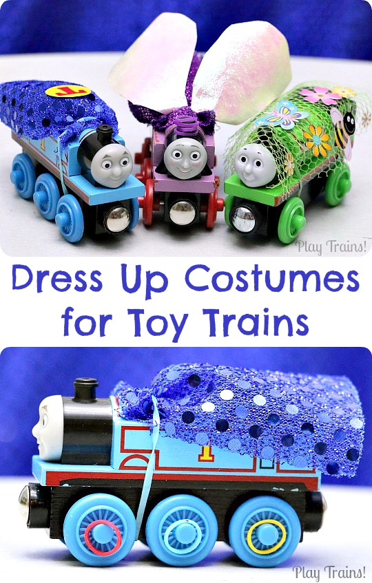 Dress Up Costumes for Toy Trains from Play Trains! A fun way to decorate wooden trains (or other toy trains) without damaging them.