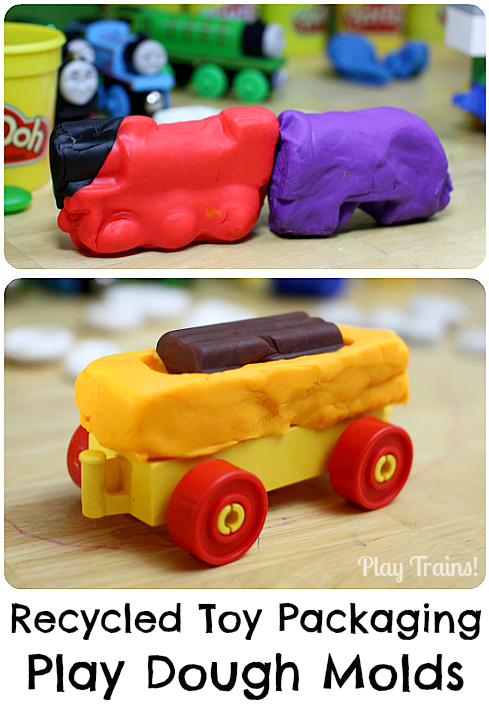 Recycled Play Dough Molds from Play Trains! A great way to reuse toy packaging after Christmas or birthday presents are unwrapped.