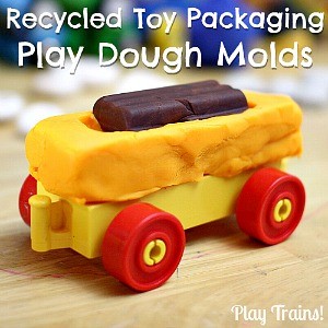 Recycled Play Dough Molds from Play Trains! A great way to reuse toy packaging after Christmas or birthday presents are unwrapped.