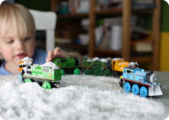 Pretend Snow Sensory Play with Trains from Play Trains!
