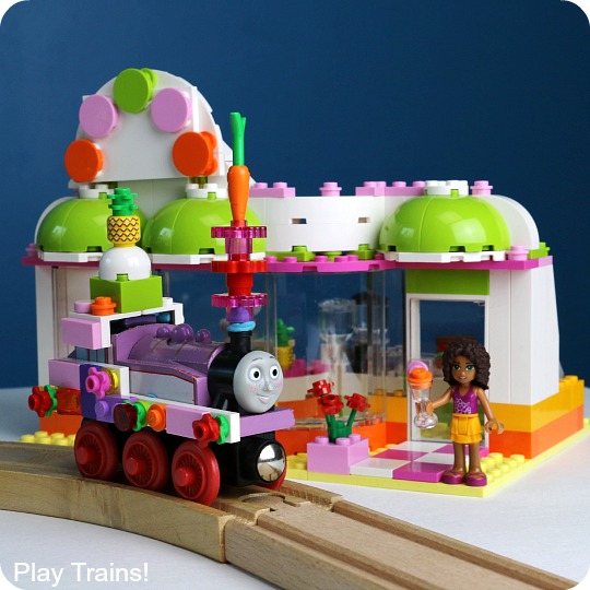 An easy, temporary way to turn any wooden train into a LEGO train. A fun design project for kids from Play Trains!