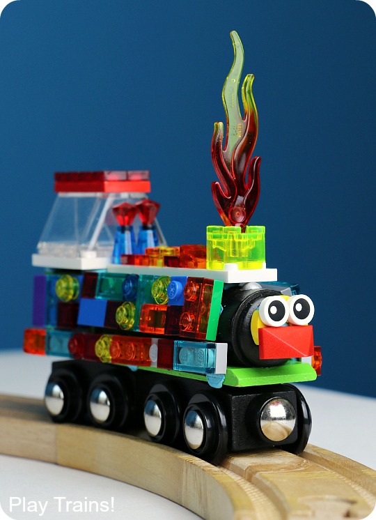An easy, temporary way to turn any wooden train into a LEGO train. A fun design project for kids from Play Trains!