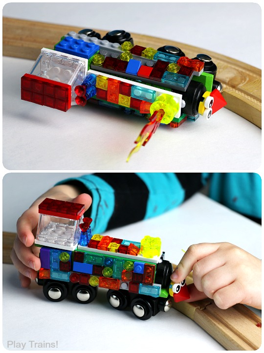 An easy, temporary way to turn any wooden train into a LEGO train. A fun design project for kids from Play Trains!