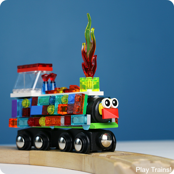 An easy, temporary way to turn any wooden train into a LEGO train. A fun design project for kids from Play Trains!