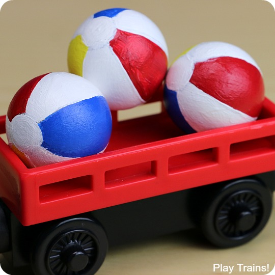 These DIY mini beach balls are so much fun for tropical wooden train layouts and summertime small worlds!