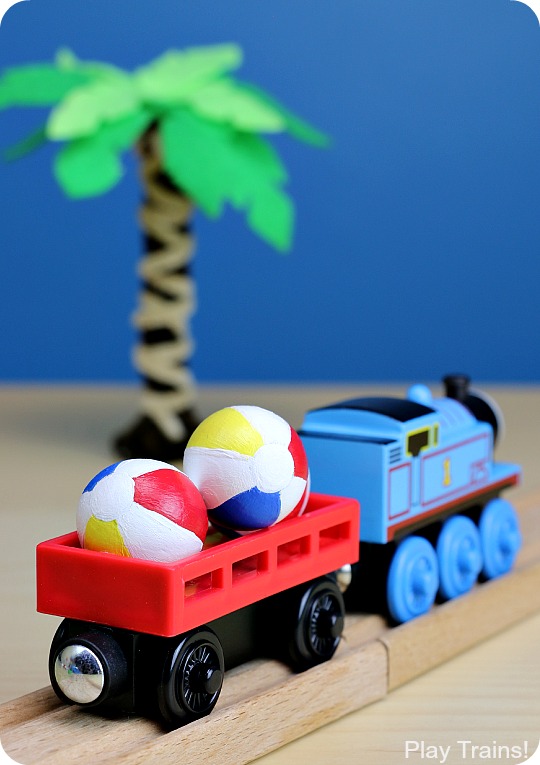 These DIY mini beach balls are so much fun for tropical wooden train layouts and summertime small worlds!