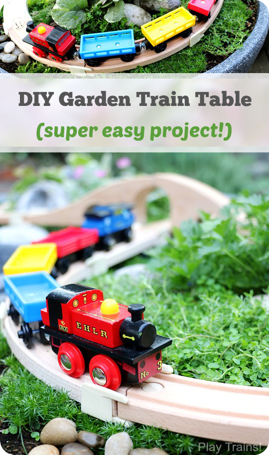 Super easy way to make a DIY outdoor wooden train "table"...no tools required to make this mini garden railway!