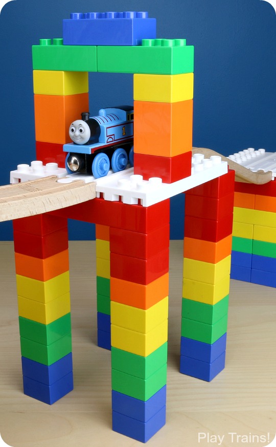 Parents' Guide to Building with Dreamup Toys Wooden Railway Block Platforms -- how to combine your child's wooden train track and DUPLO, LEGO, or other interlocking building blocks!