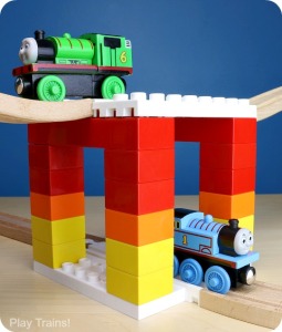 Parents' Guide to Building with Dreamup Toys Wooden Railway Block Platforms -- how to combine your child's wooden train track and DUPLO, LEGO, or other interlocking building blocks!