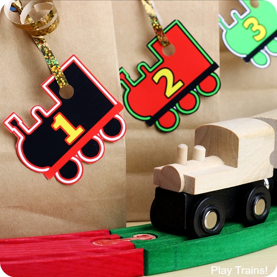 Train Advent Calendar Gift Tags: free printable train-themed, number gift tags in two different color schemes: Festive Train Colors and Thomas & Friends Engine Colors