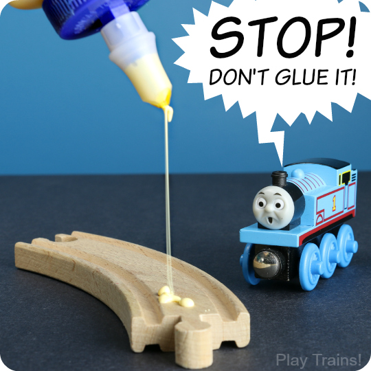 Temporary alternatives to gluing wooden train tracks down to a wooden train table, recommended by Play Trains!