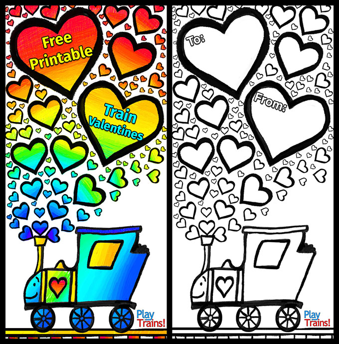 Free Printable Train Valentines -- in full color or color-your-own black and white -- from Play Trains!