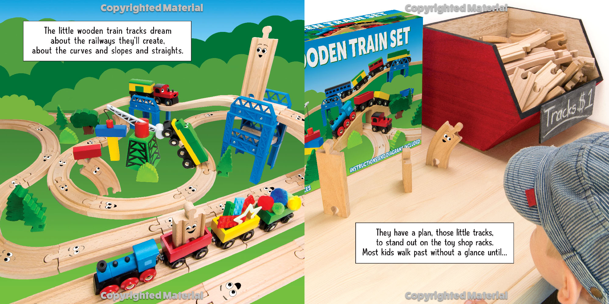 OLD TRACKS, NEW TRICKS by Jessica Petersen: a wooden train picture book that encourages creative play