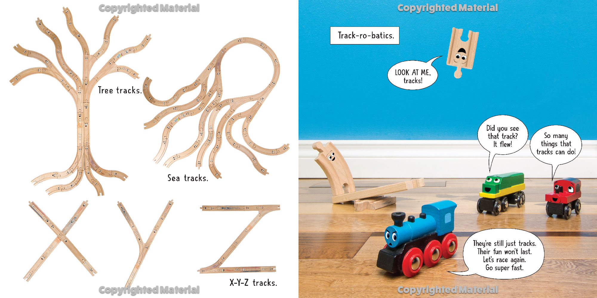 OLD TRACKS, NEW TRICKS by Jessica Petersen: a wooden train picture book that encourages creative play